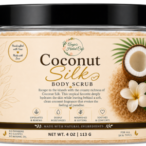 Coconut Silk Body Scrub by Angie's Herbal Cafe – Exfoliating sugar scrub with shea butter, mango butter, jojoba oil, vitamin E, and a creamy coconut fragrance.