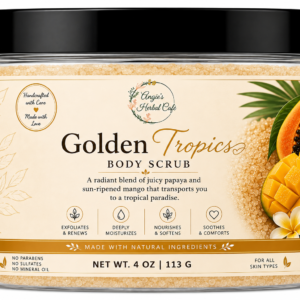 Golden Tropics Body Scrub by Angie's Herbal Cafe – Exfoliating sugar scrub with juicy papaya, sun-ripened mango, shea butter, mango butter, and jojoba oil.