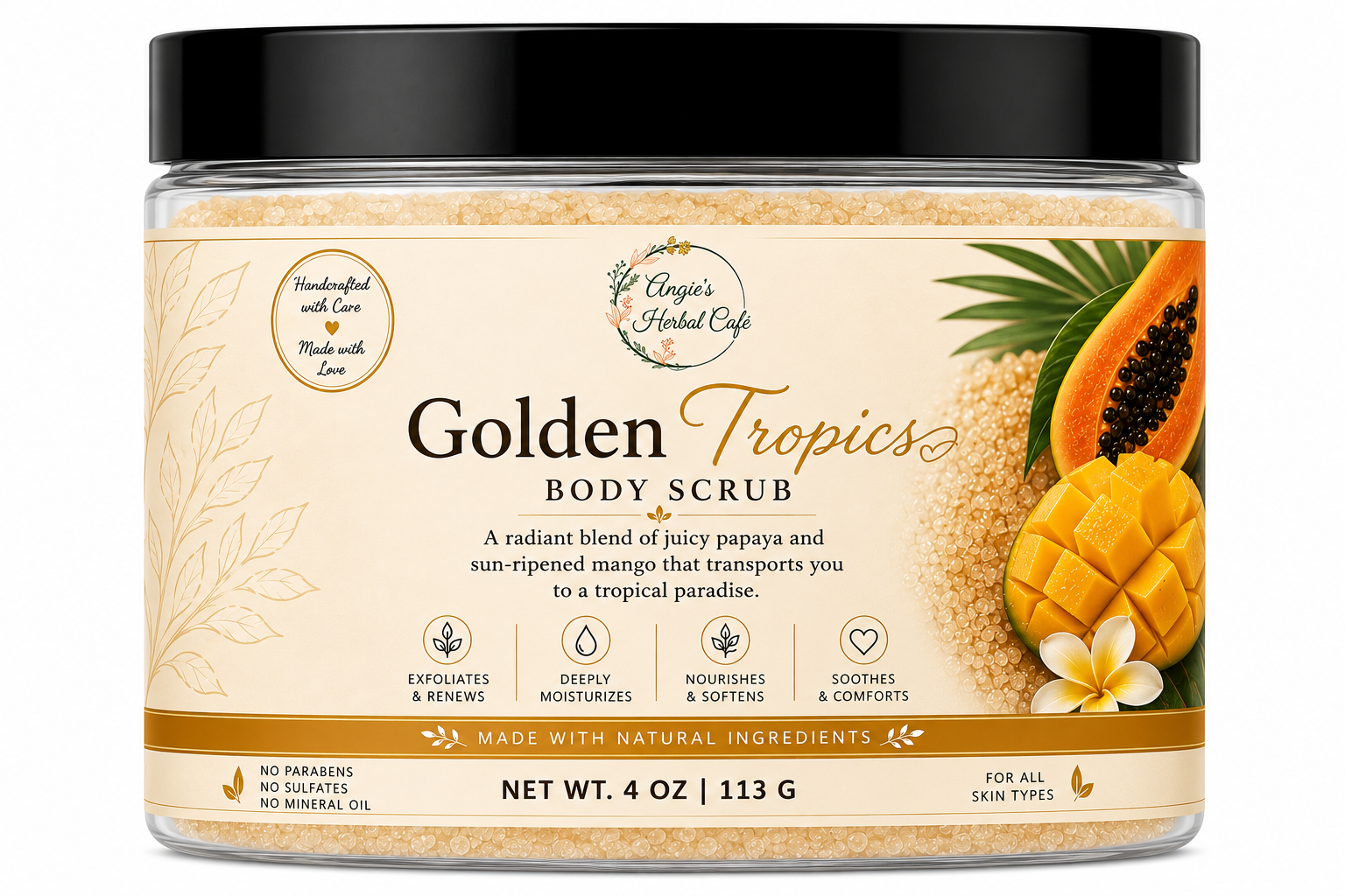 Golden Tropics Body Scrub by Angie's Herbal Cafe – Exfoliating sugar scrub with juicy papaya, sun-ripened mango, shea butter, mango butter, and jojoba oil.