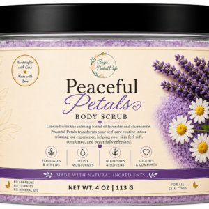 Peaceful Petals Body Scrub by Angie's Herbal Cafe – Exfoliating sugar scrub with shea butter, mango butter, jojoba oil, vitamin E, and a calming floral fragrance.
