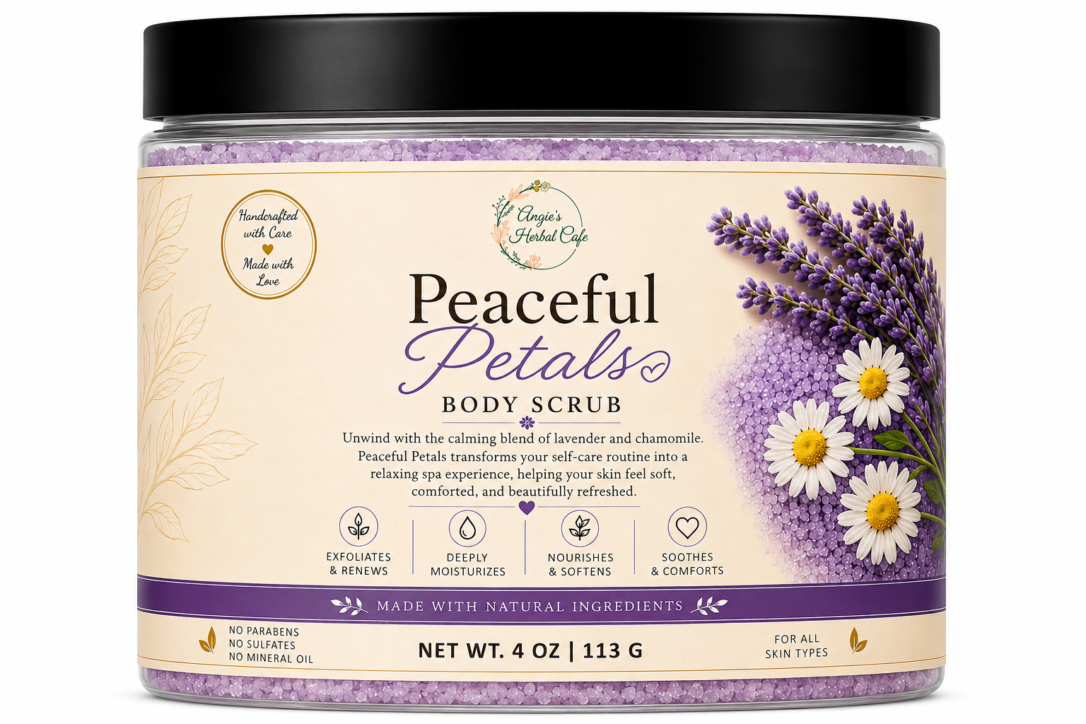 Peaceful Petals Body Scrub by Angie's Herbal Cafe – Exfoliating sugar scrub with shea butter, mango butter, jojoba oil, vitamin E, and a calming floral fragrance.