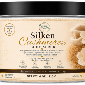 Silken Cashmere Body Scrub by Angie's Herbal Cafe – Luxurious exfoliating sugar scrub with shea butter, mango butter, jojoba oil, vitamin E, and a soft cashmere fragrance.