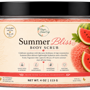 Summer Bliss Body Scrub by Angie's Herbal Cafe - Exfoliating sugar scrub with shea butter, mango butter, jojoba oil, and vitamin E for soft, glowing skin.