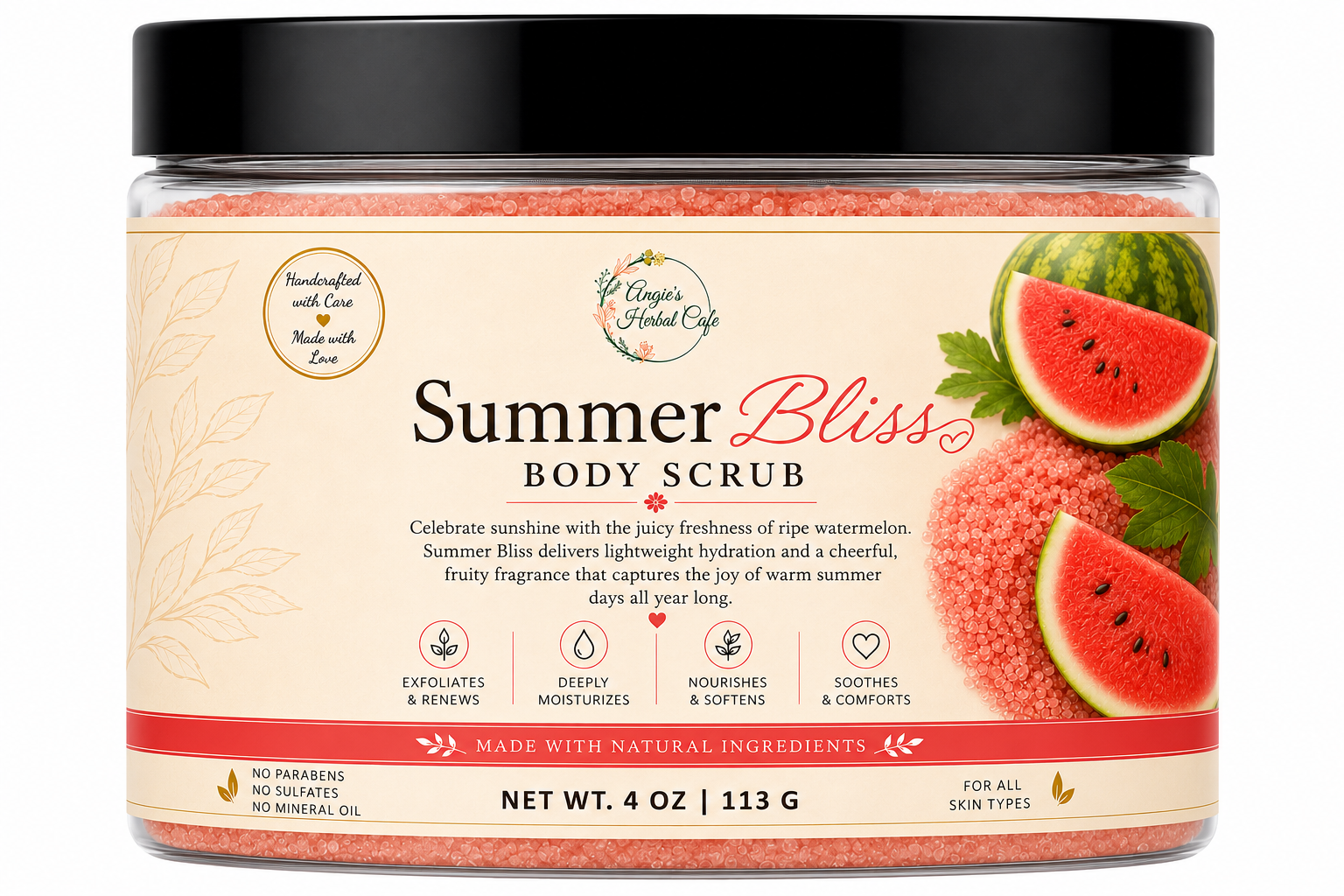 Summer Bliss Body Scrub by Angie's Herbal Cafe - Exfoliating sugar scrub with shea butter, mango butter, jojoba oil, and vitamin E for soft, glowing skin.