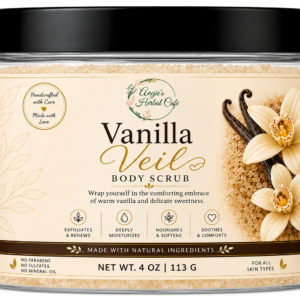 Vanilla Veil Body Scrub by Angie's Herbal Cafe – Handcrafted exfoliating sugar scrub with shea butter, mango butter, jojoba oil, vitamin E, and a warm vanilla fragrance.
