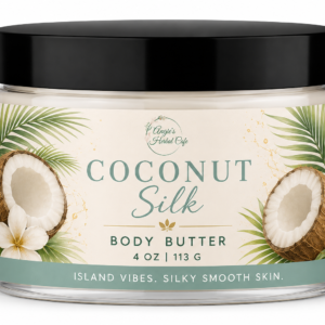 Coconut Silk Body Butter by Angie's Herbal Café with mango butter, shea butter, avocado butter, and creamy coconut fragrance for deep hydration and silky-soft skin.