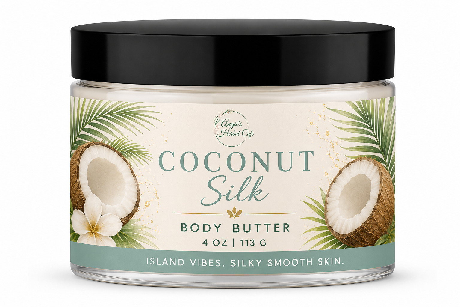 Coconut Silk Body Butter by Angie's Herbal Café with mango butter, shea butter, avocado butter, and creamy coconut fragrance for deep hydration and silky-soft skin.