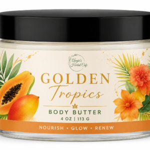 Golden Tropics Body Butter by Angie's Herbal Café with mango butter, shea butter, avocado butter, and tropical papaya mango fragrance for deep skin hydration.