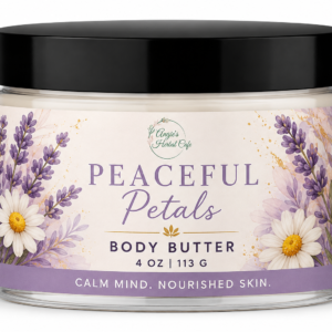 Peaceful Petals Body Butter by Angie's Herbal Café with mango butter, shea butter, avocado butter, and calming lavender and chamomile fragrance for deep hydration and silky-soft skin.