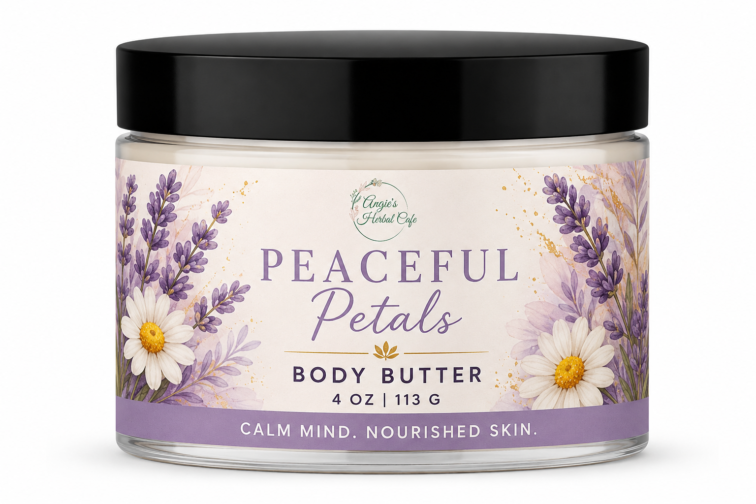 Peaceful Petals Body Butter by Angie's Herbal Café with mango butter, shea butter, avocado butter, and calming lavender and chamomile fragrance for deep hydration and silky-soft skin.