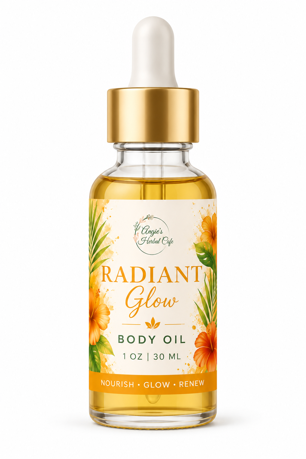 Radiant Glow Body Oil by Angie's Herbal Cafe – 1 oz lightweight moisturizing body oil for soft, glowing skin