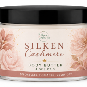 Silken Cashmere Body Butter by Angie's Herbal Café with mango butter, shea butter, avocado butter, and a soft cashmere fragrance for deep hydration and silky-smooth skin.