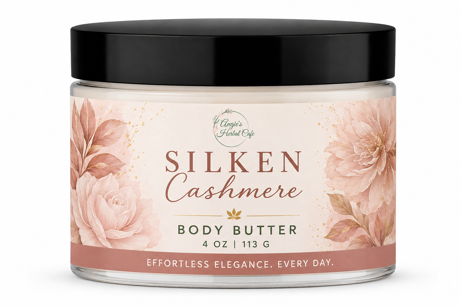 Silken Cashmere Body Butter by Angie's Herbal Café with mango butter, shea butter, avocado butter, and a soft cashmere fragrance for deep hydration and silky-smooth skin.