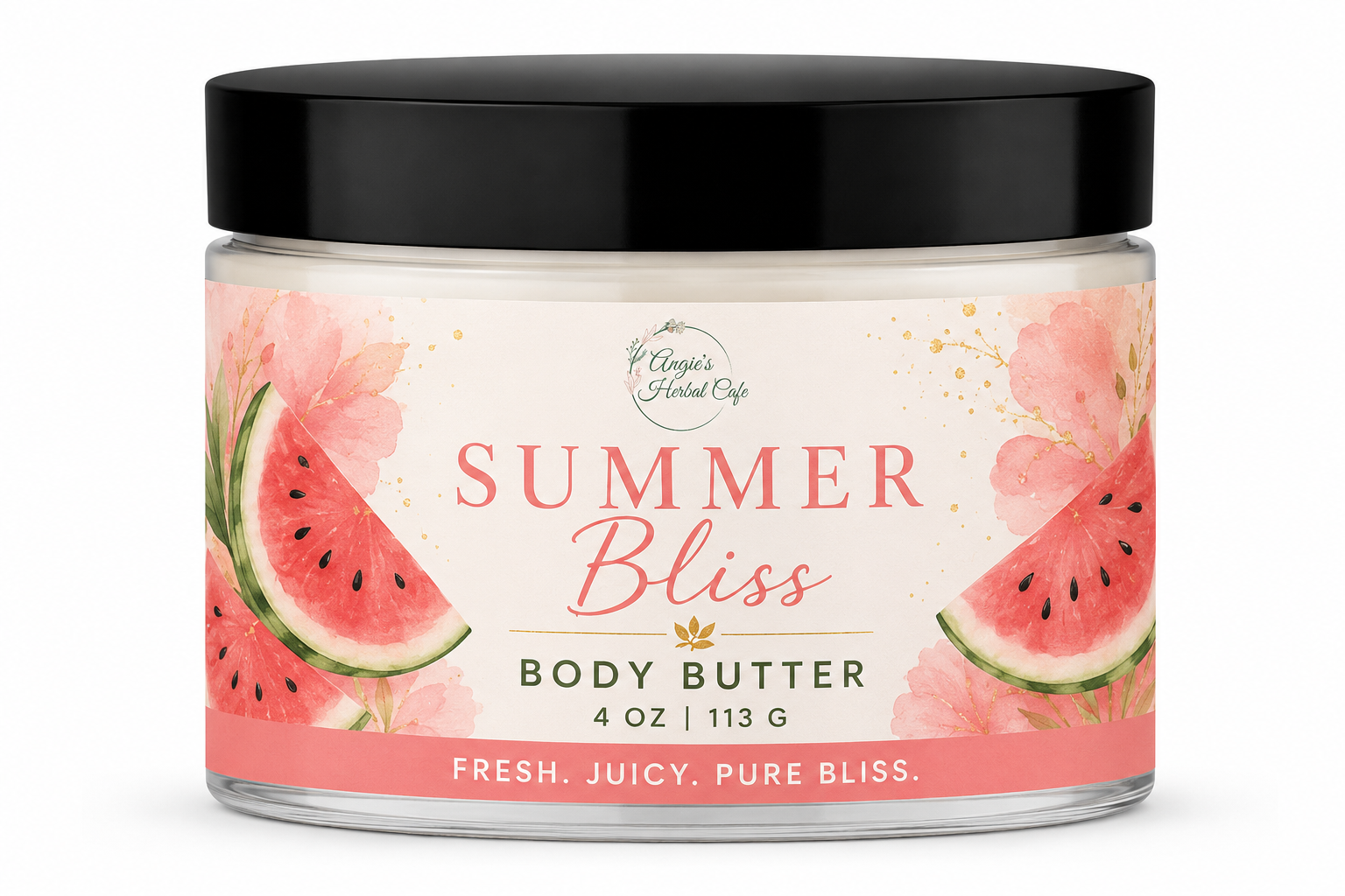 Summer Bliss Body Butter by Angie's Herbal Café with mango butter, shea butter, avocado butter, and a refreshing watermelon-inspired fragrance for deep hydration and radiant skin.
