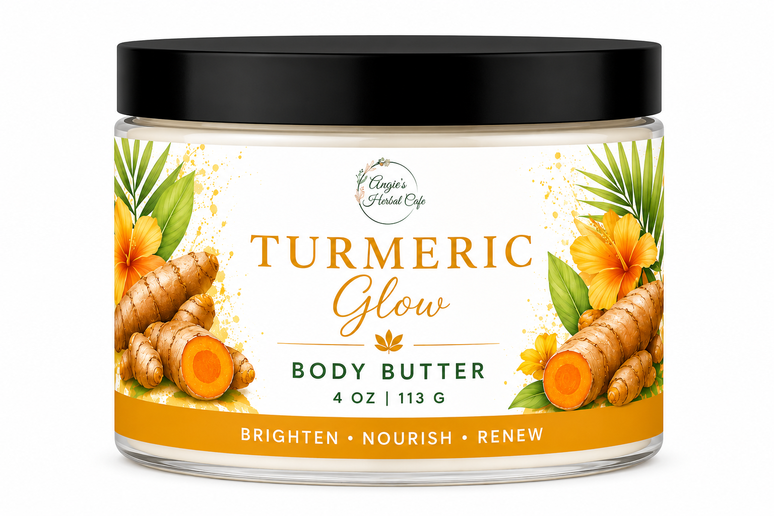 Turmeric Glow Body Butter by Angie's Herbal Cafe – 4 oz moisturizing body butter with shea butter, mango butter, avocado butter, and turmeric for dry skin
