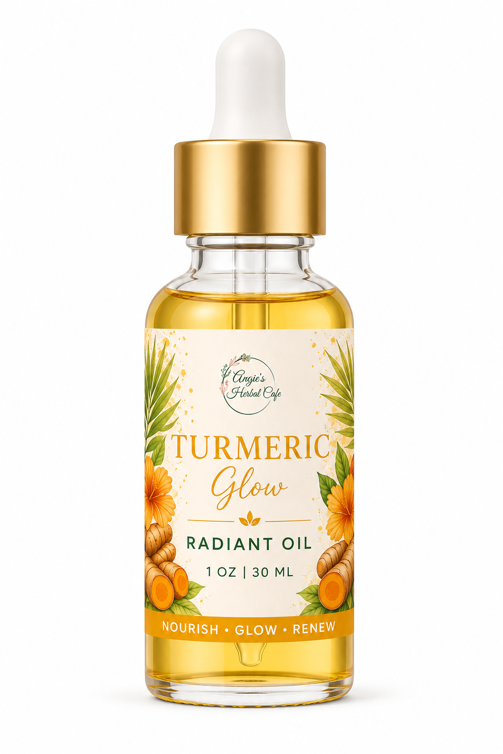 Turmeric Glow Radiant Body Oil by Angie's Herbal Cafe – 1 oz nourishing body oil with turmeric and botanical oils for soft, radiant skin