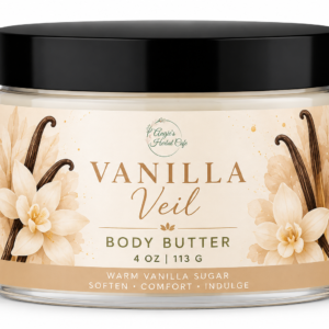 Vanilla Veil Body Butter by Angie's Herbal Café with mango butter, shea butter, avocado butter, and warm vanilla fragrance for deep hydration and soft, nourished skin.